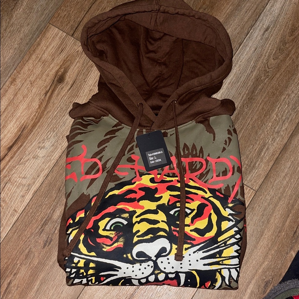 Ed Hardy Brown Hoodie with Vibrant Tiger Design
